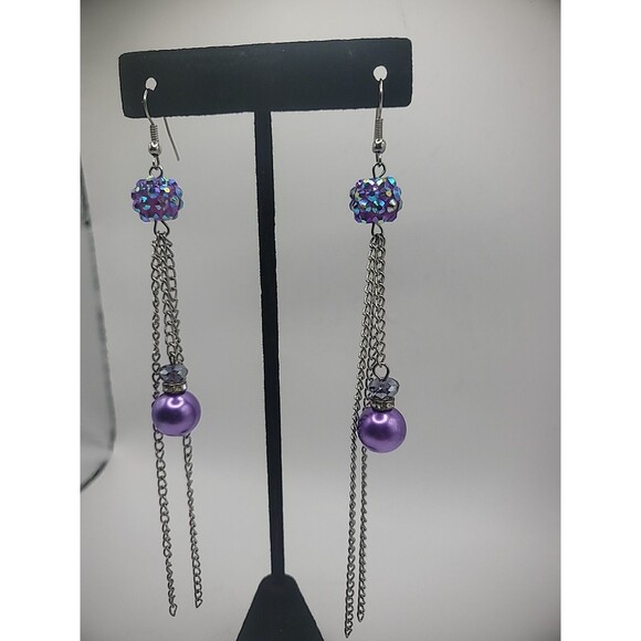 Vintage Earrings Pierced Hook Drop Dangle Beaded Purple Silver Tone Chains - Picture 6 of 10